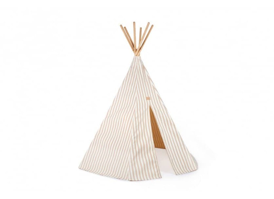 Nursery & Interior Nobodinoz Teepee, Tents & Tunnels | Arizona Teepee Taupe Stripes Natural