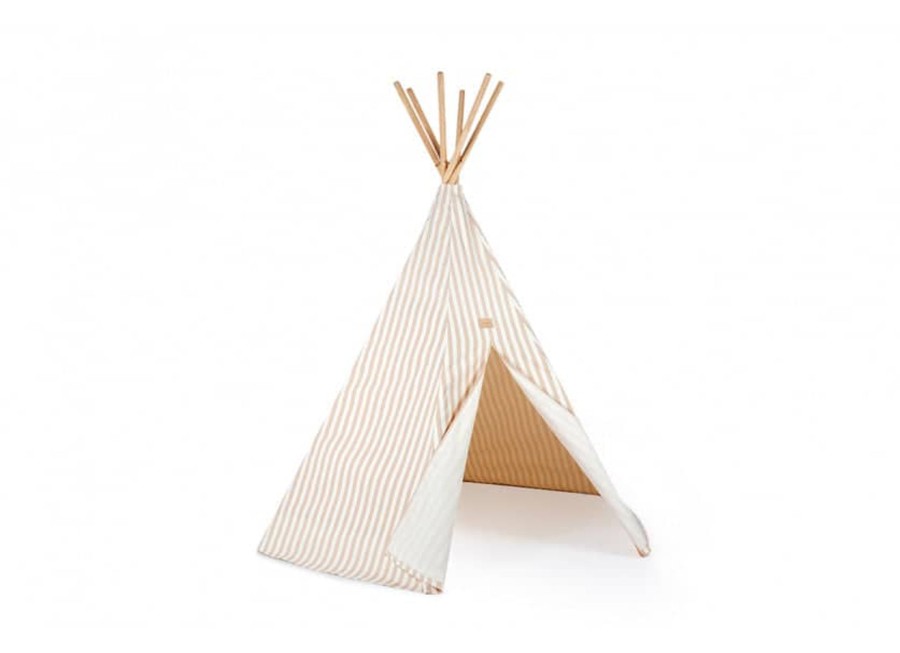 Nursery & Interior Nobodinoz Teepee, Tents & Tunnels | Arizona Teepee Taupe Stripes Natural