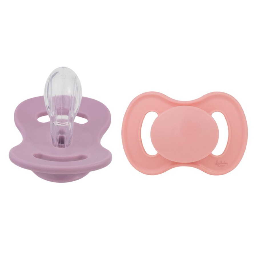 Mealtimes & Care Lullaby Planet Pram Accessories | Set Of 2 Silicone Pacifiers Size 2 Pink Coral & Lavender Breeze