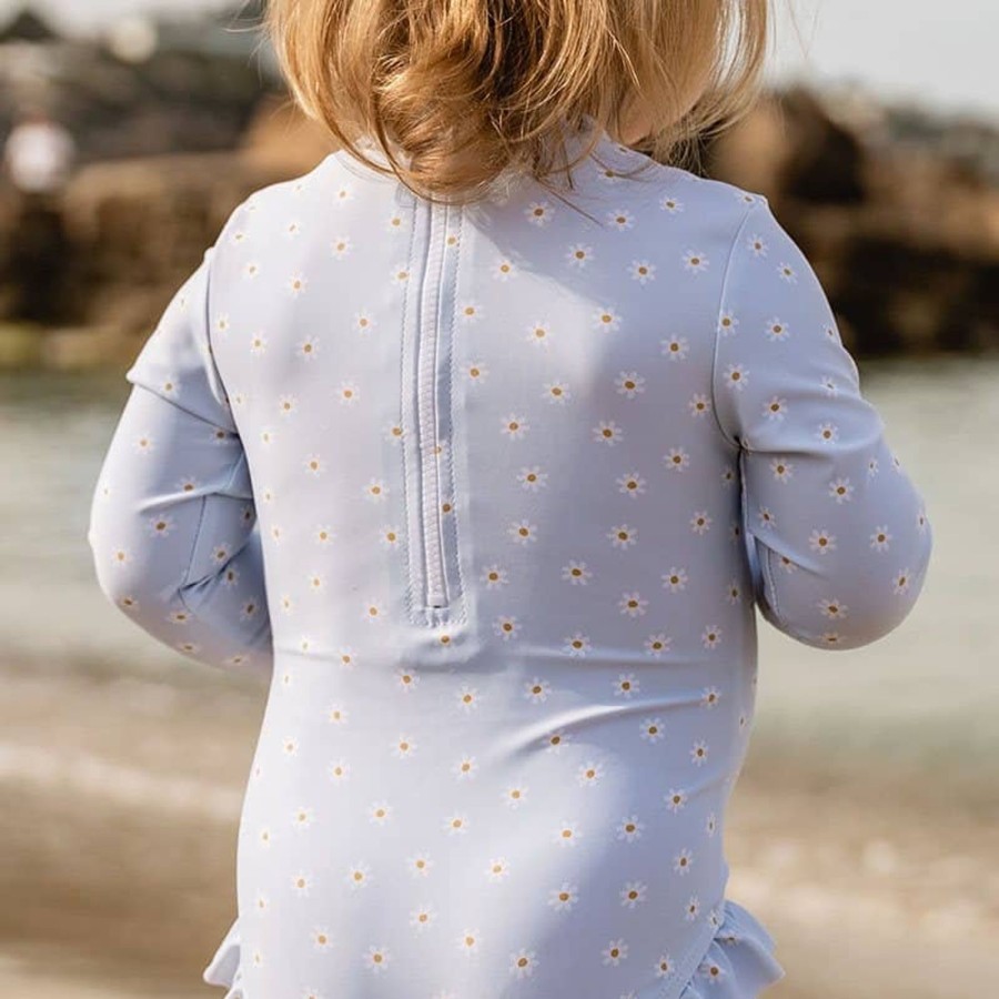 Clothing & Accessories Little Dutch Swimwear | Bathsuit Long Sleeves Ruffles Daisies Blue