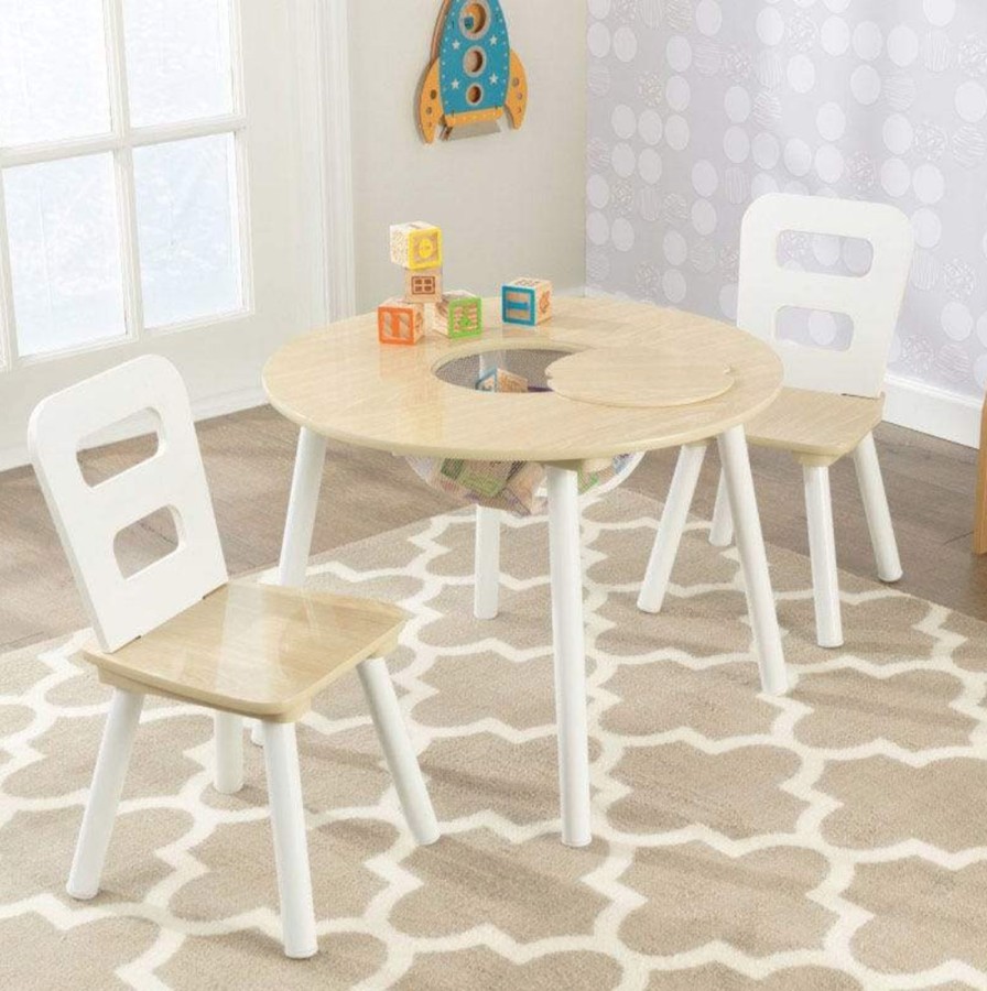 Nursery & Interior Kids Kraft Tables & Chairs | Round Wooden Storage Table With 2 Chairs