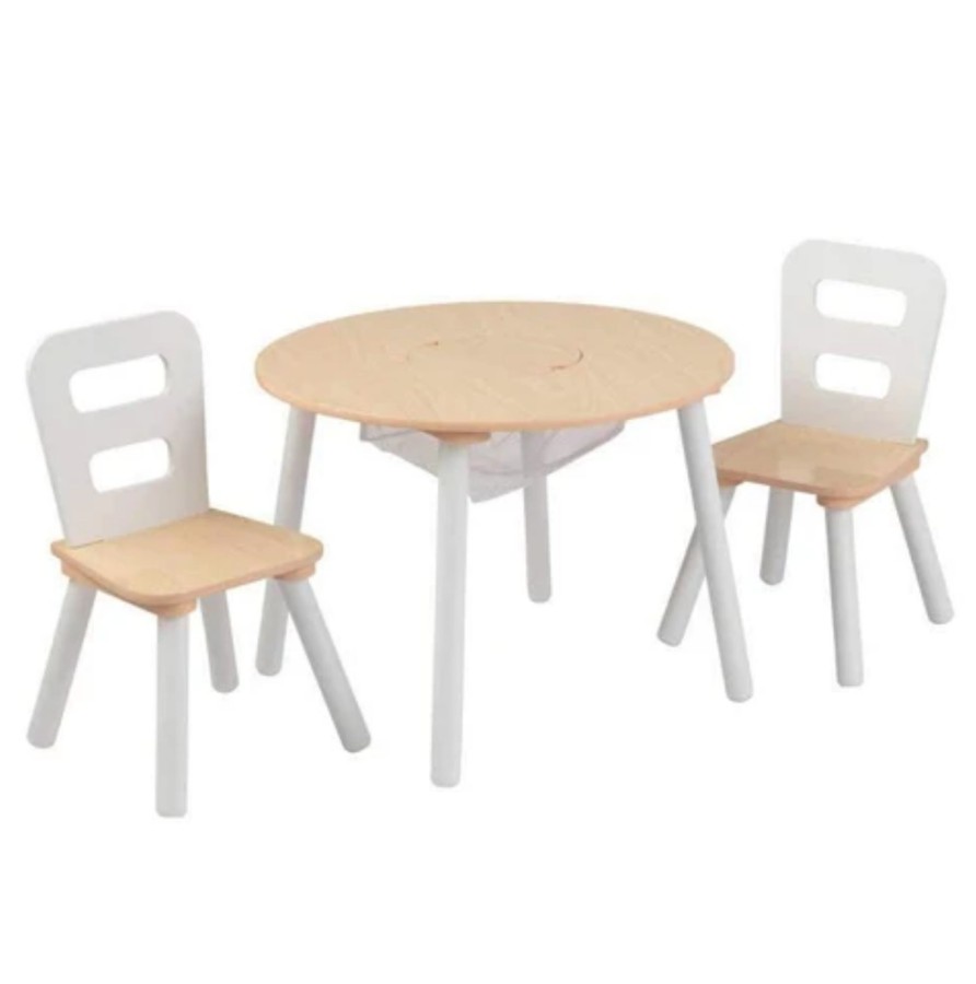 Nursery & Interior Kids Kraft Tables & Chairs | Round Wooden Storage Table With 2 Chairs